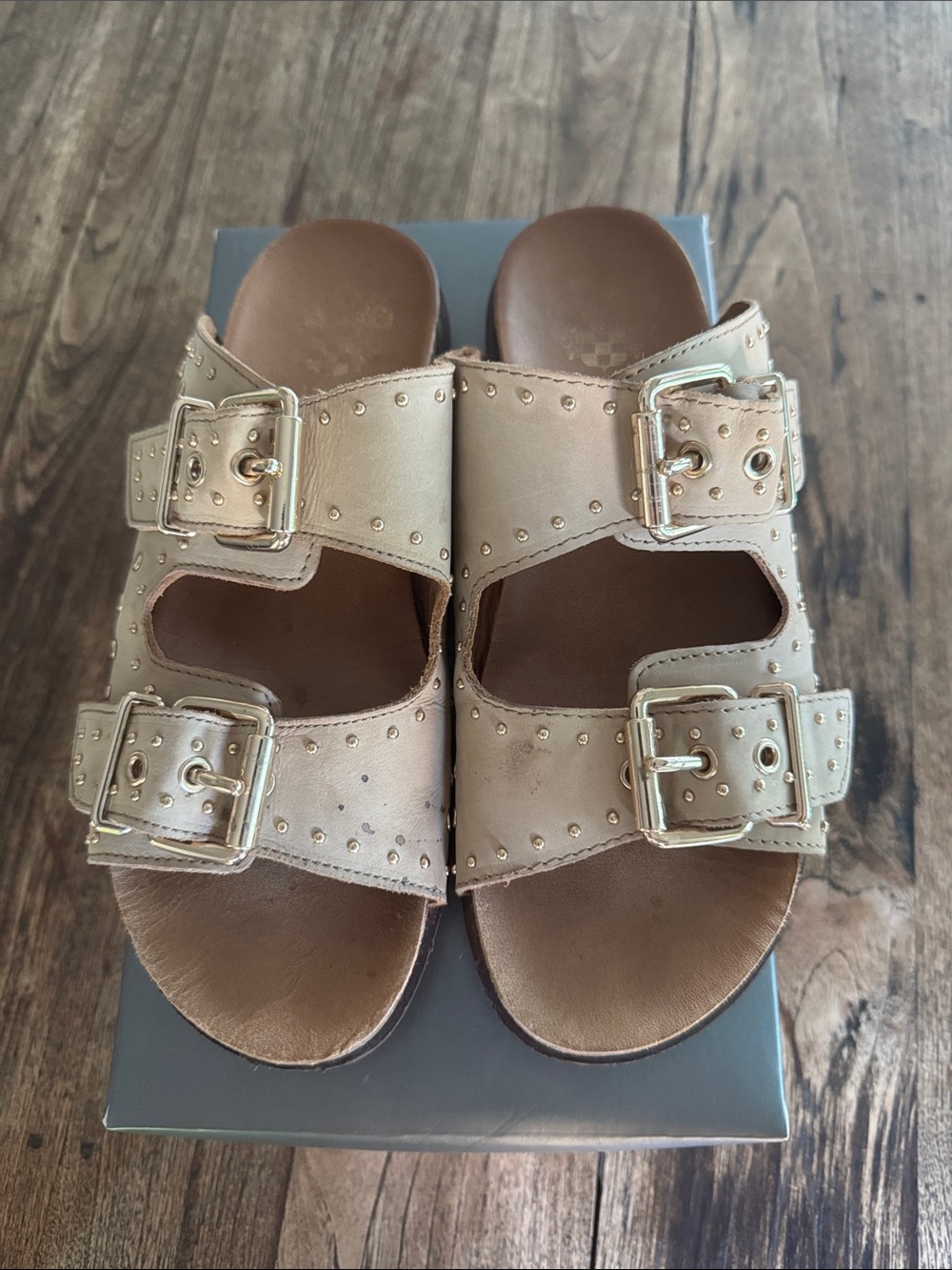 Vince Camuto “Daphne” Studded Double-Buckle Slide Sandals - Taupe, 9M